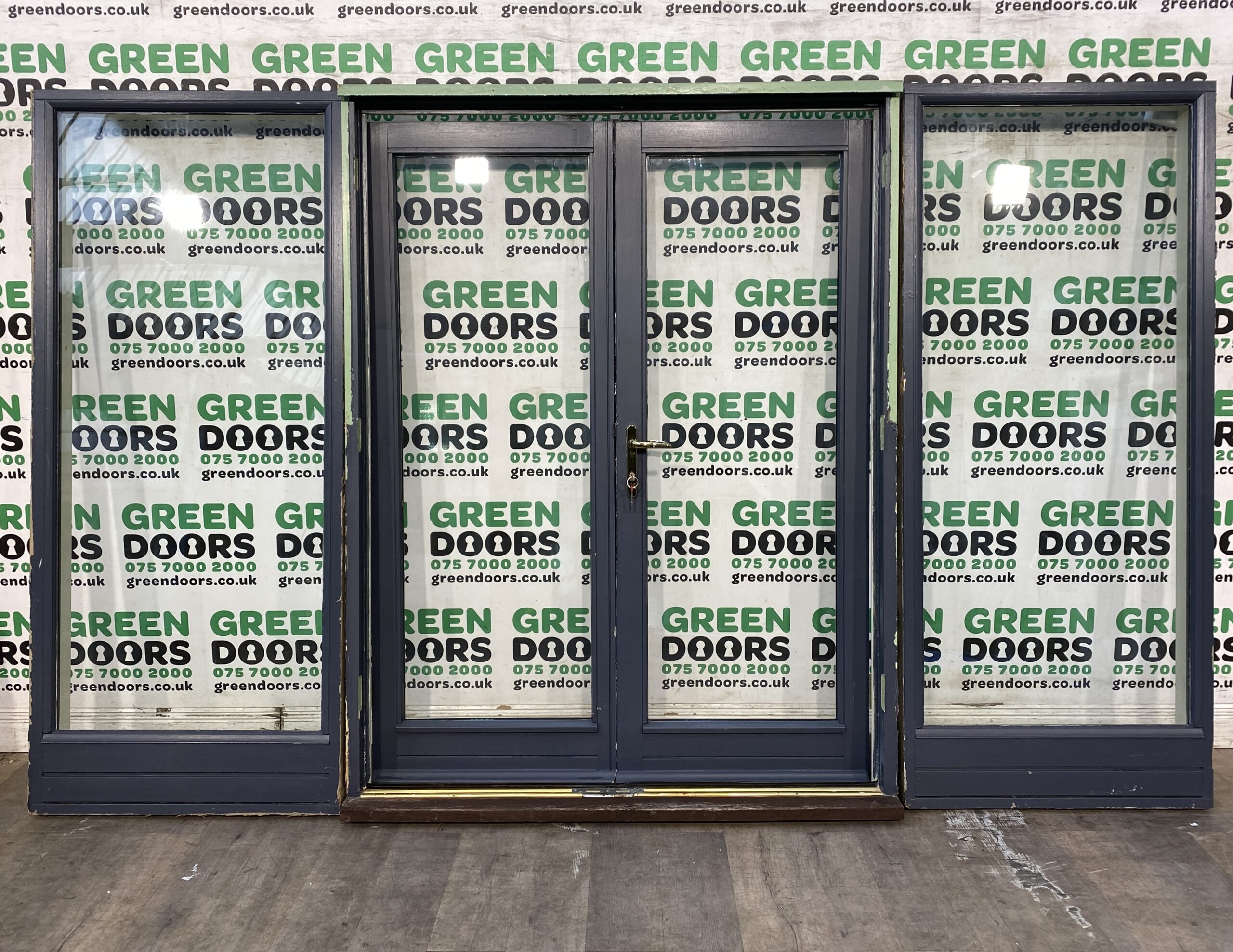 FRENCH DOORS WITH SIDELIGHTS WOODEN TIMBER LARGE WOOD EXTERNAL EXTERIOR GREY
