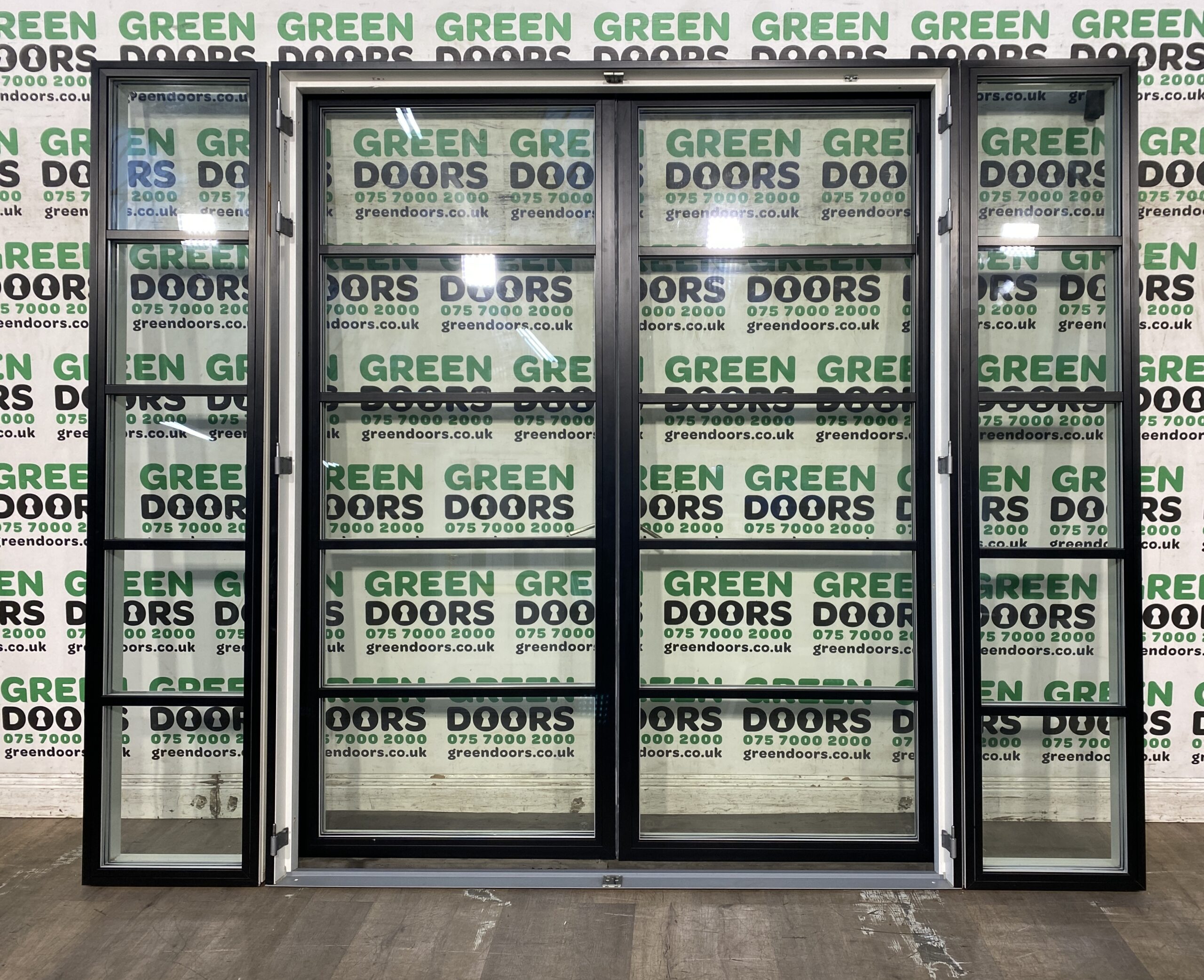 HERITAGE CRITTALL FRENCH DOORS WITH SIDELIGHTS ASTRAGAL BARS GREY ALUMINIUM CLAD