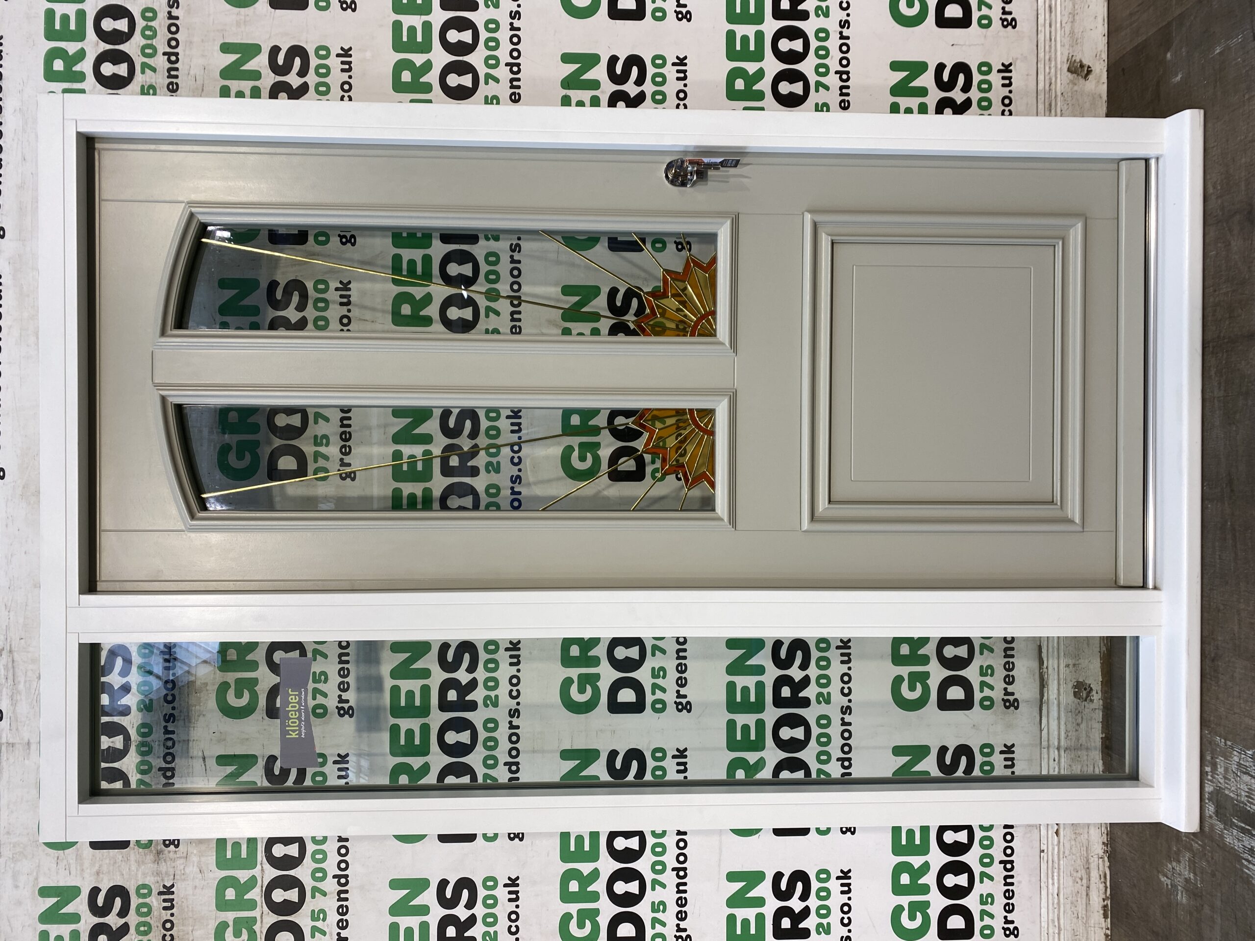 FRONT DOOR WITH SIDELIGHT SUN BURST ART DECCO LEADED PORCH WOODEN KLOEBER GLAZED