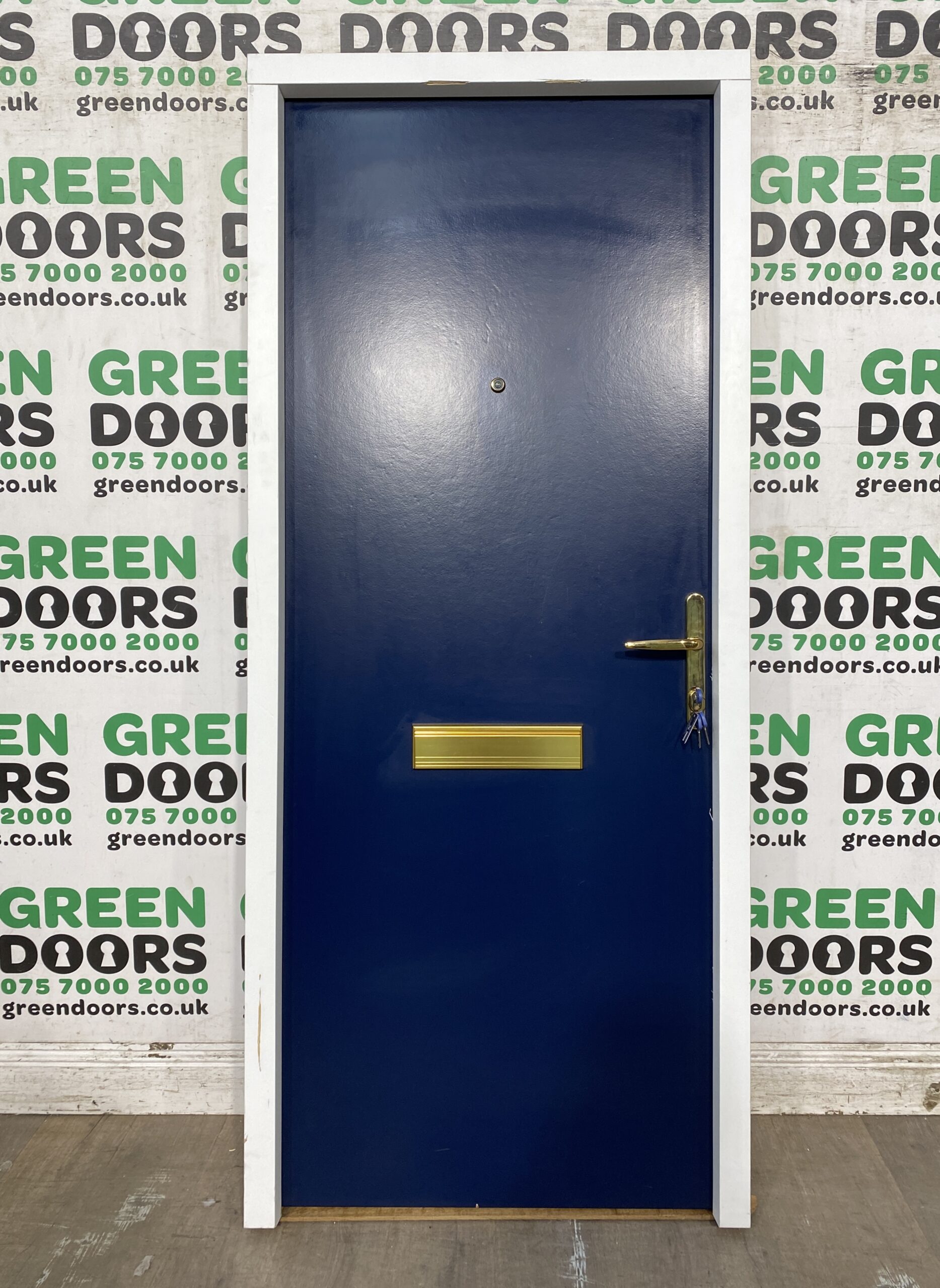 BLUE WOODEN ENTRANCE DOOR FLAT NAVY FIRE RATED FRONT LETTER BOX INTERNAL