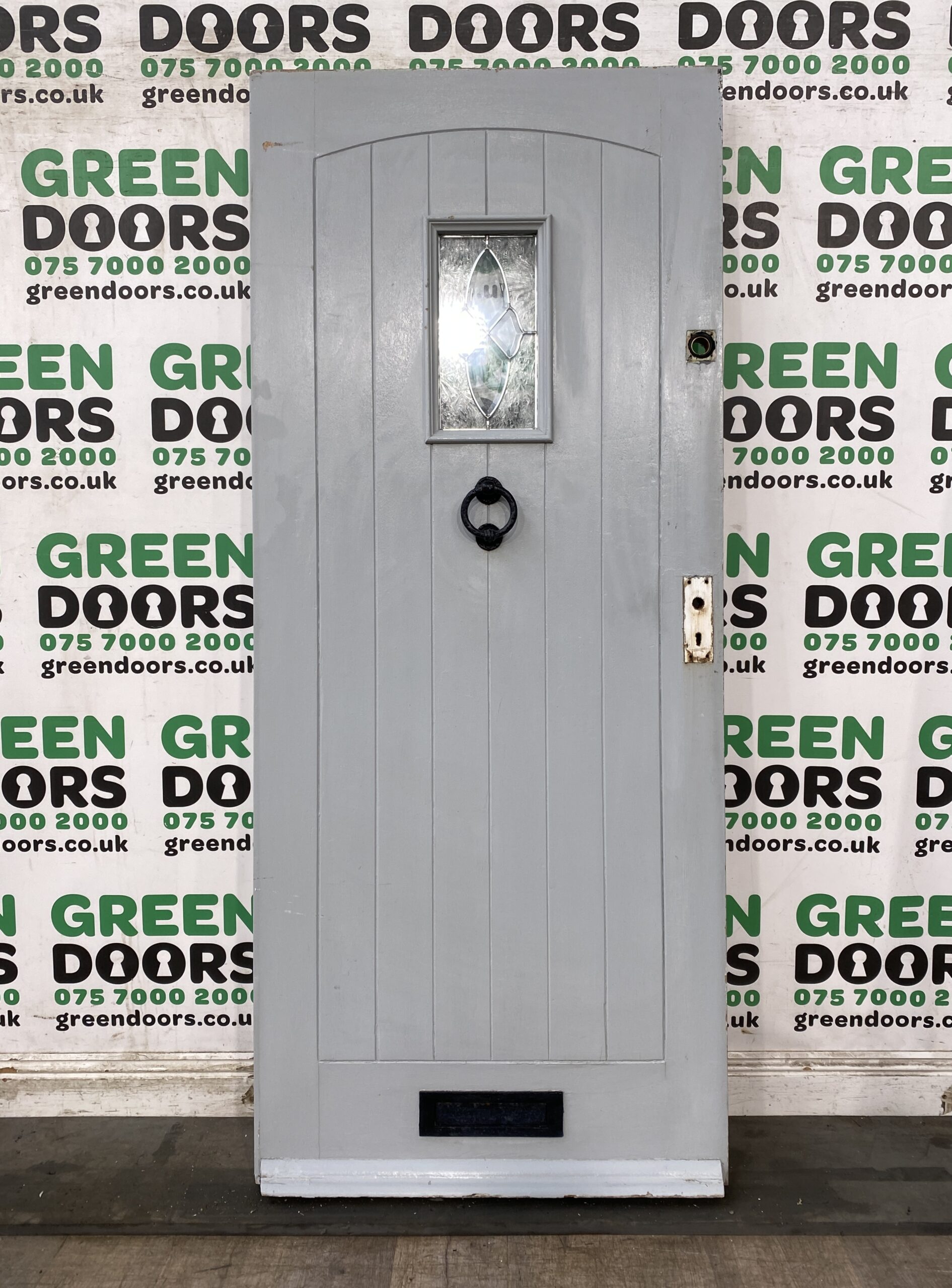 WOODEN COTTAGE FRONT DOOR EXTERNAL LEADED GLASS 1930 OLD VINTAGE TIMBER USED GRE