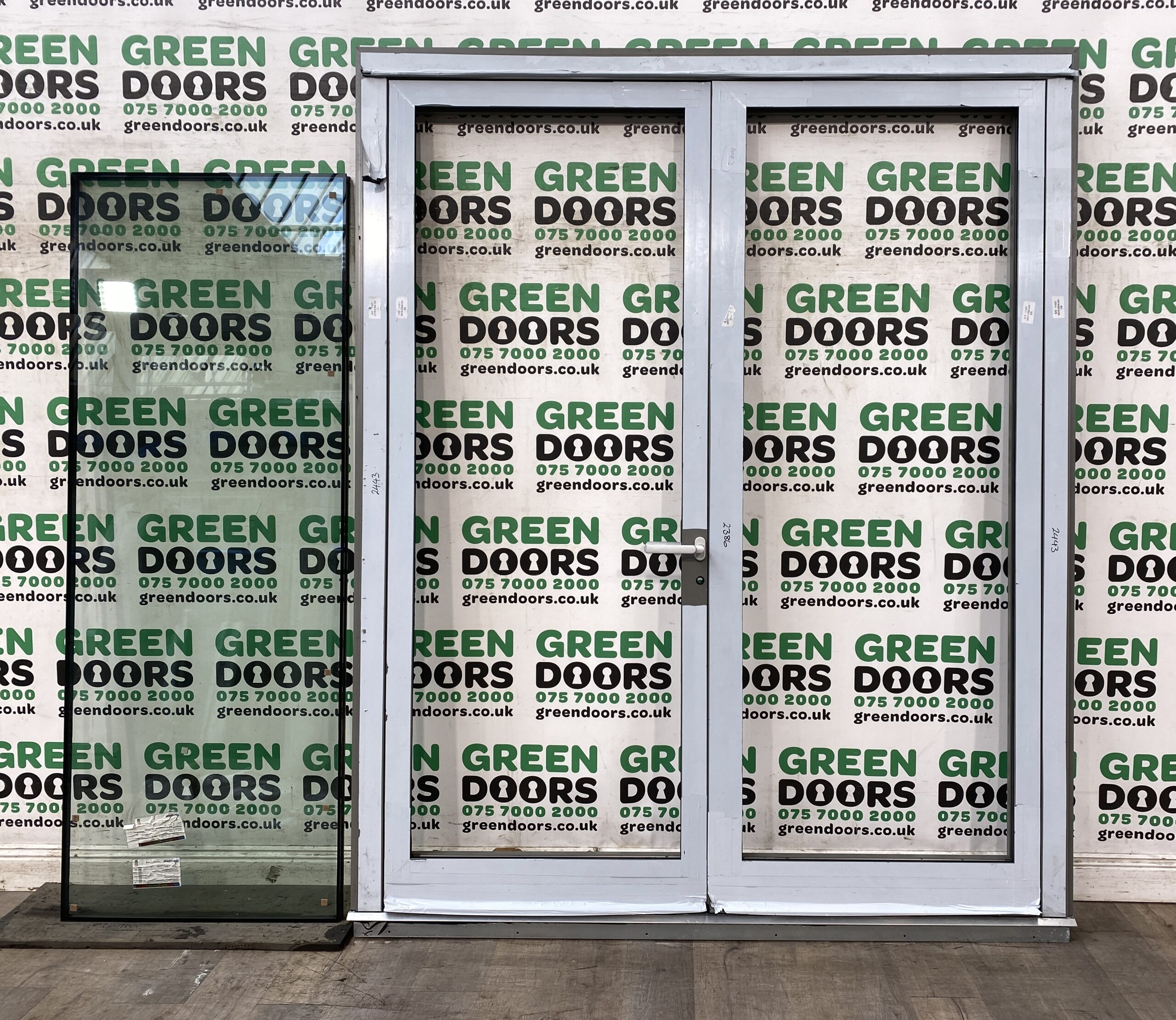 COMMERCIAL ALUMINIUM FRENCH DOORS INWARDS OPENING TALL SCHUCO GREY EXTERNAL NEW