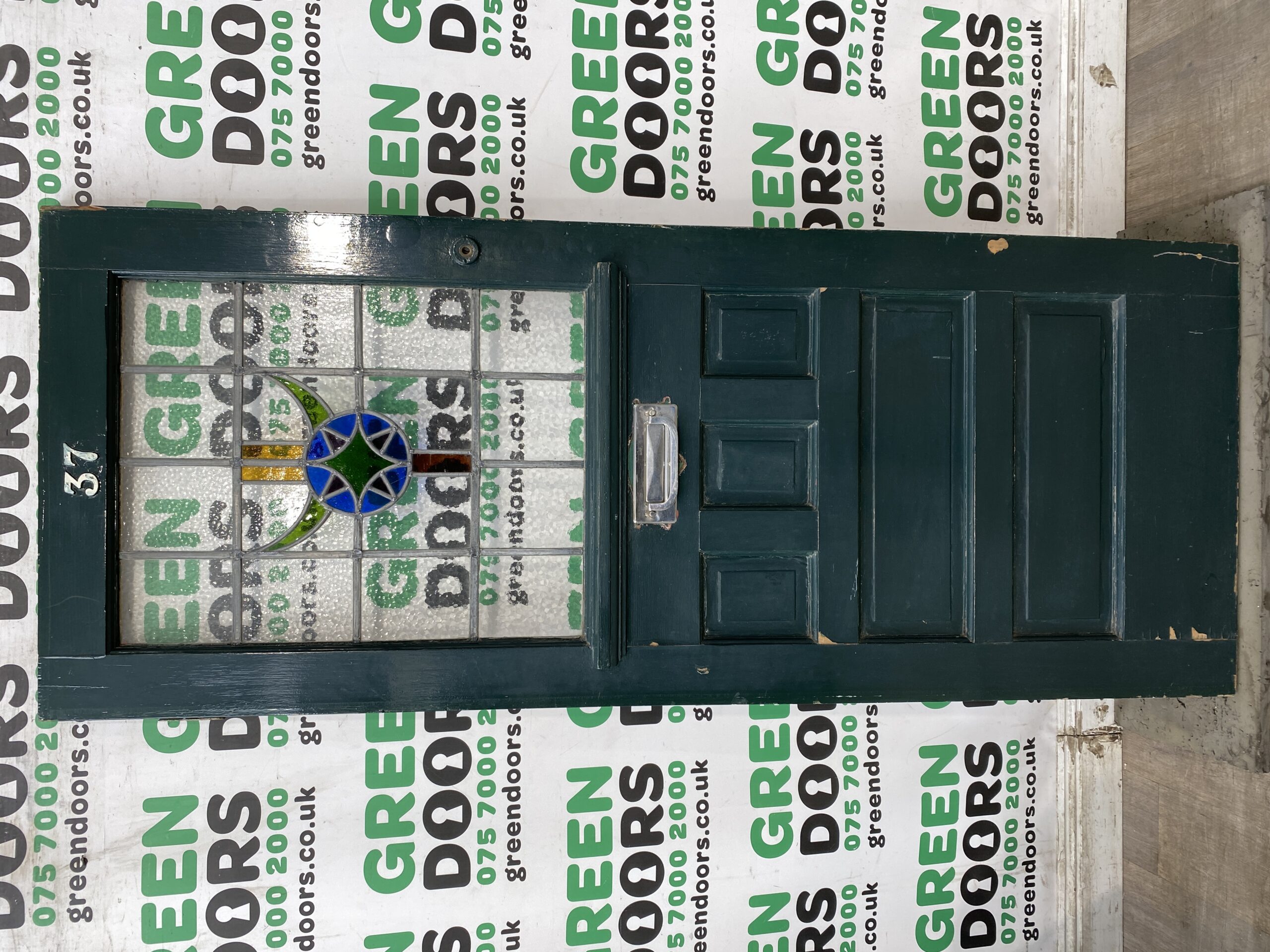 LEADED STAINED GLASS DOOR FRONT WOODEN 1930S COMPASS FROSTED OLD VINTAGE RECLAIM