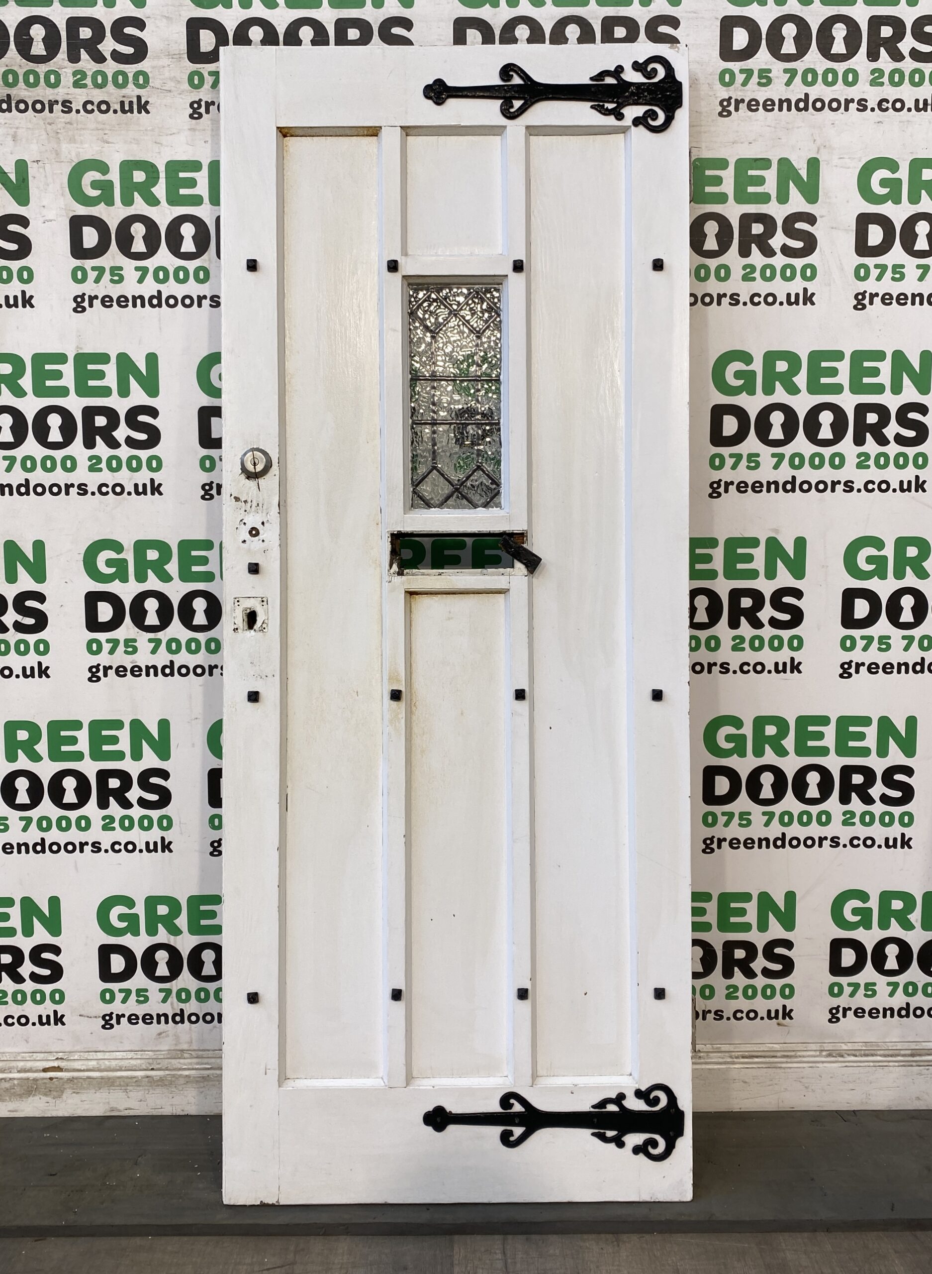 1930S MEDIEVAL DOOR WOODEN TIMBER RECLAIMED THIN NARROW FROSTED GLASS STUDDED