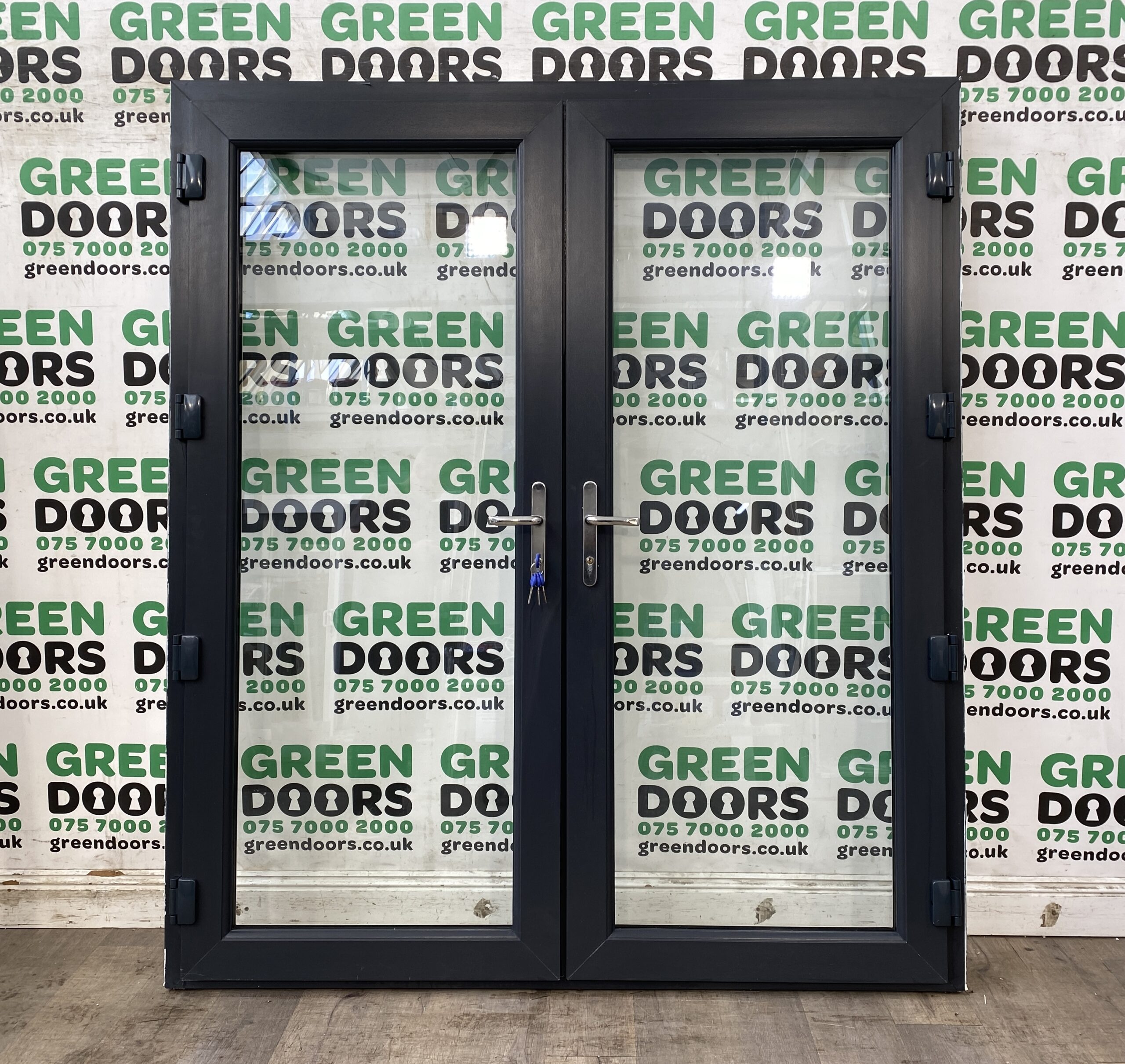 GREY UPVC FRENCH DOORS EXTERNAL ANTHRACITE RAL 7016 DOUBLE GLAZED PLASTIC EXTERN