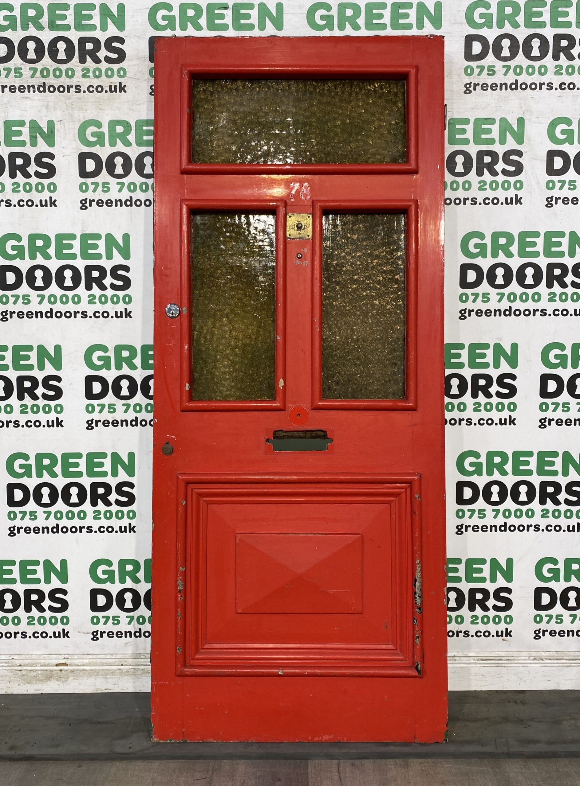 WOODEN PANEL FRONT DOOR 1970S VINTAGE EXTERNAL OLD DECO RECLAIMED RED EXTERNAL