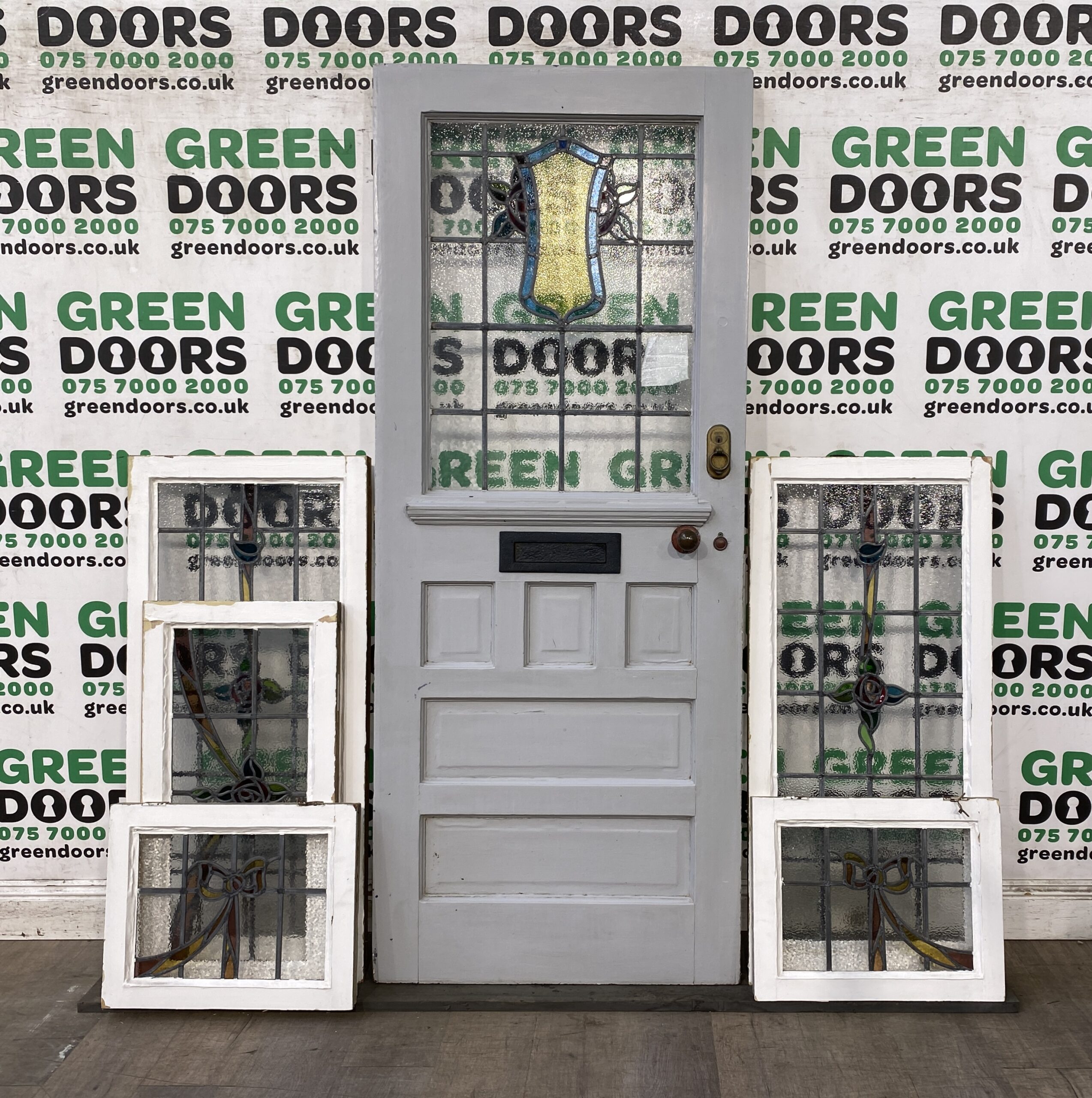 FRONT DOOR WITH SIDELIGHTS 1930S STAINED GLASS LEADED LIGHTS TIMBER WOODEN USED