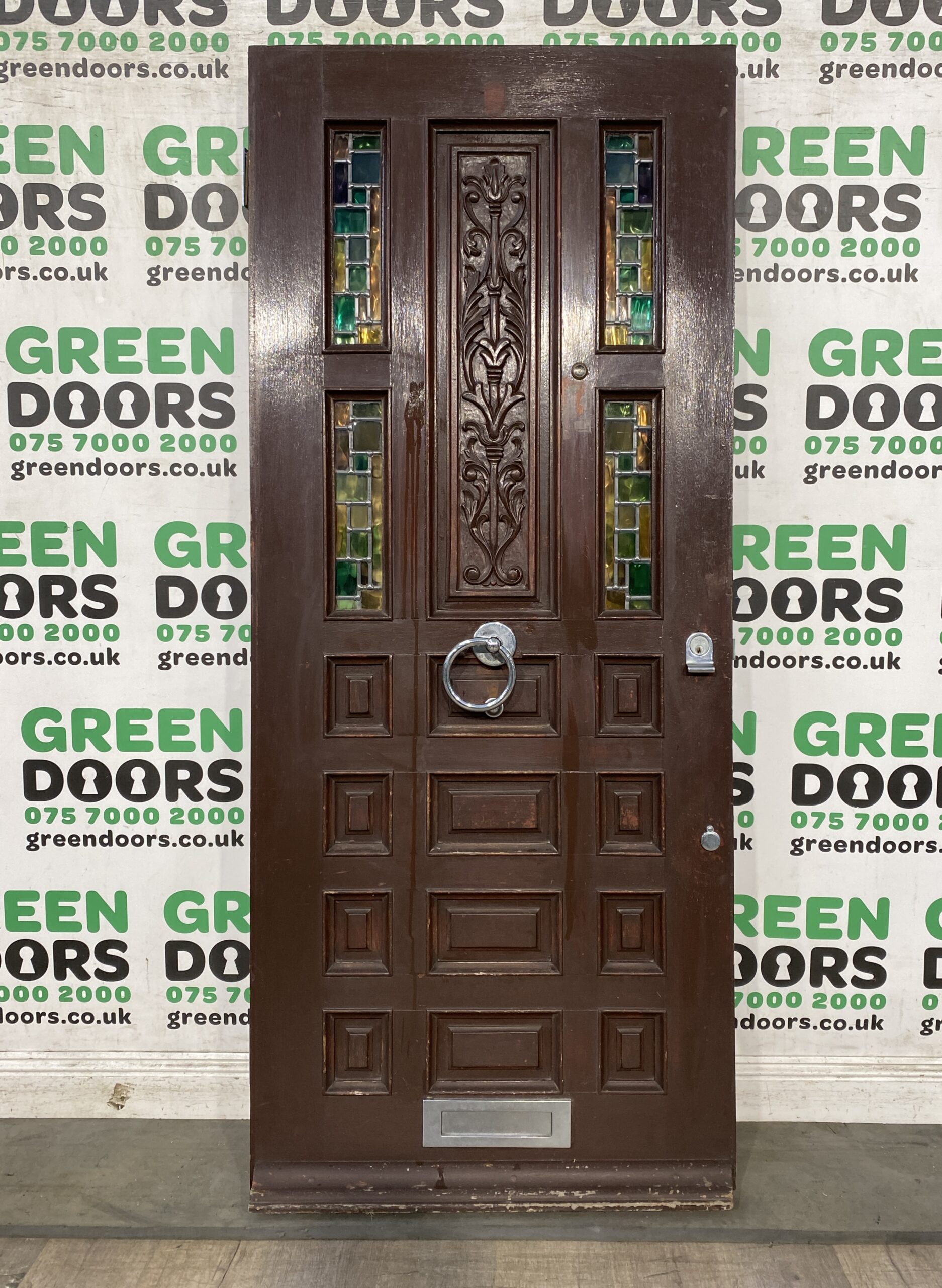 CARVED STAINED GLASS FRONT DOOR HARDWOOD TIMBER WOODEN LEADED 1930S BESPOKE USED