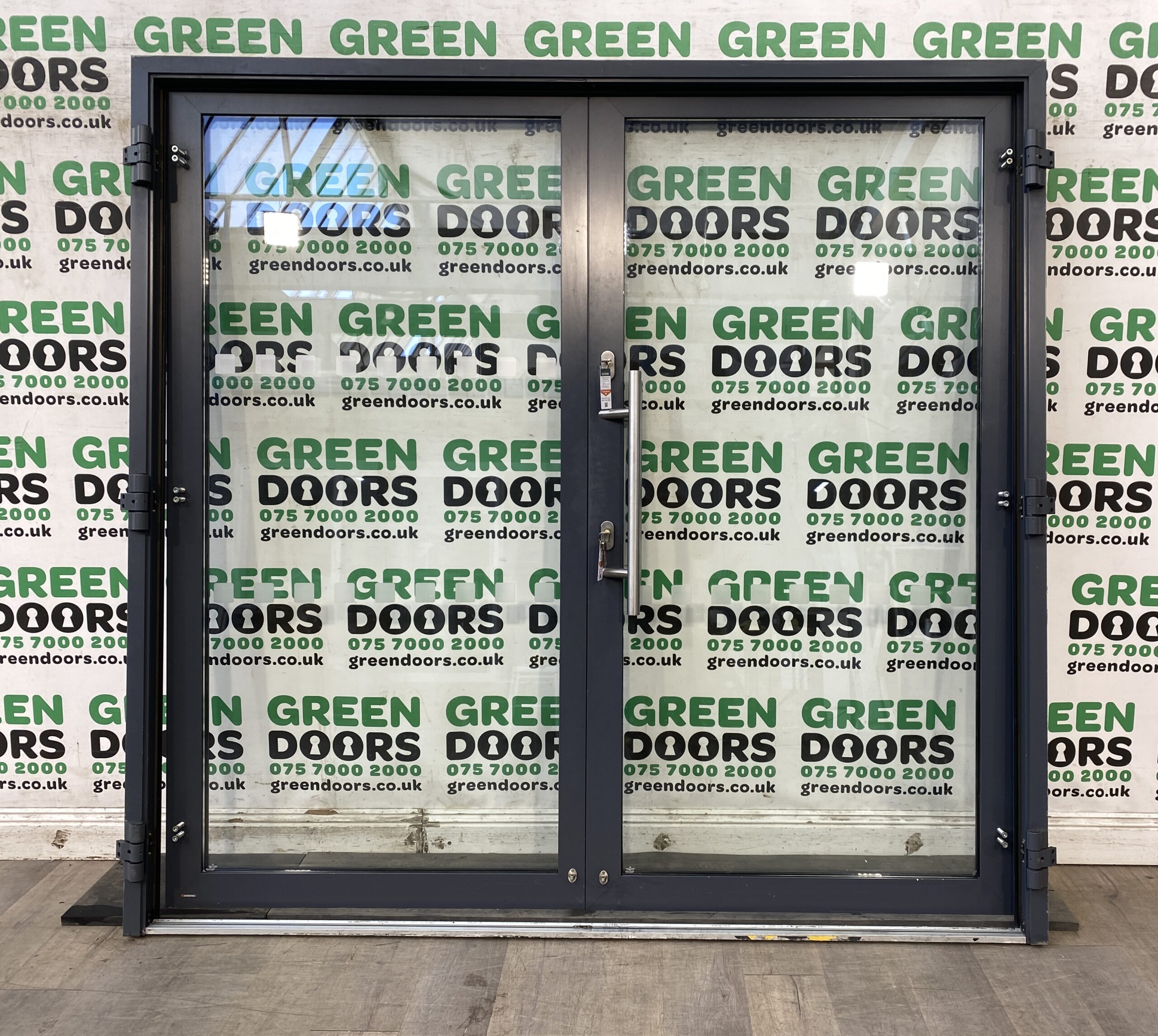 COMMERCIAL SHOP FRONT DOORS FRENCH ALUMINIUM GREY WAREHOUSE DOUBLE EXTERNAL USED