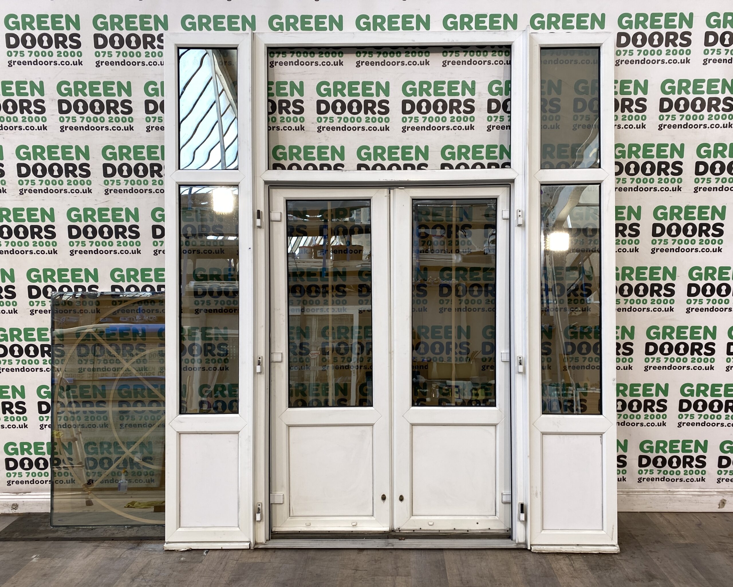FIRE EXIT FRENCH DOORS PUSH BAR TO OPEN UPVC WHITE WITH SIDELIGHTS EXTERNAL USED