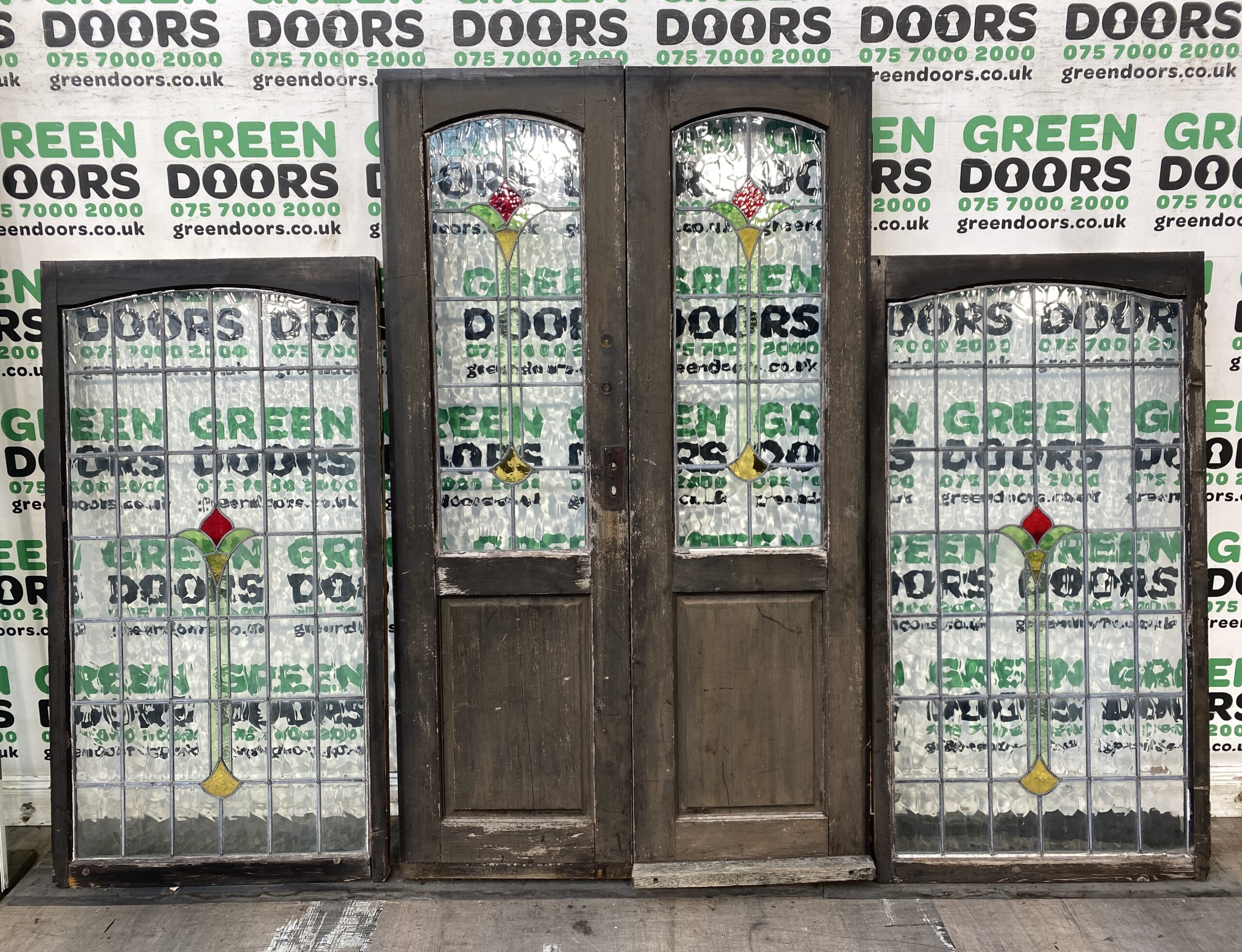 STAINED GLASS FRENCH DOORS WITH SIDELIGHTS WINDOWS TIMBER 1930S 1920S LEADED
