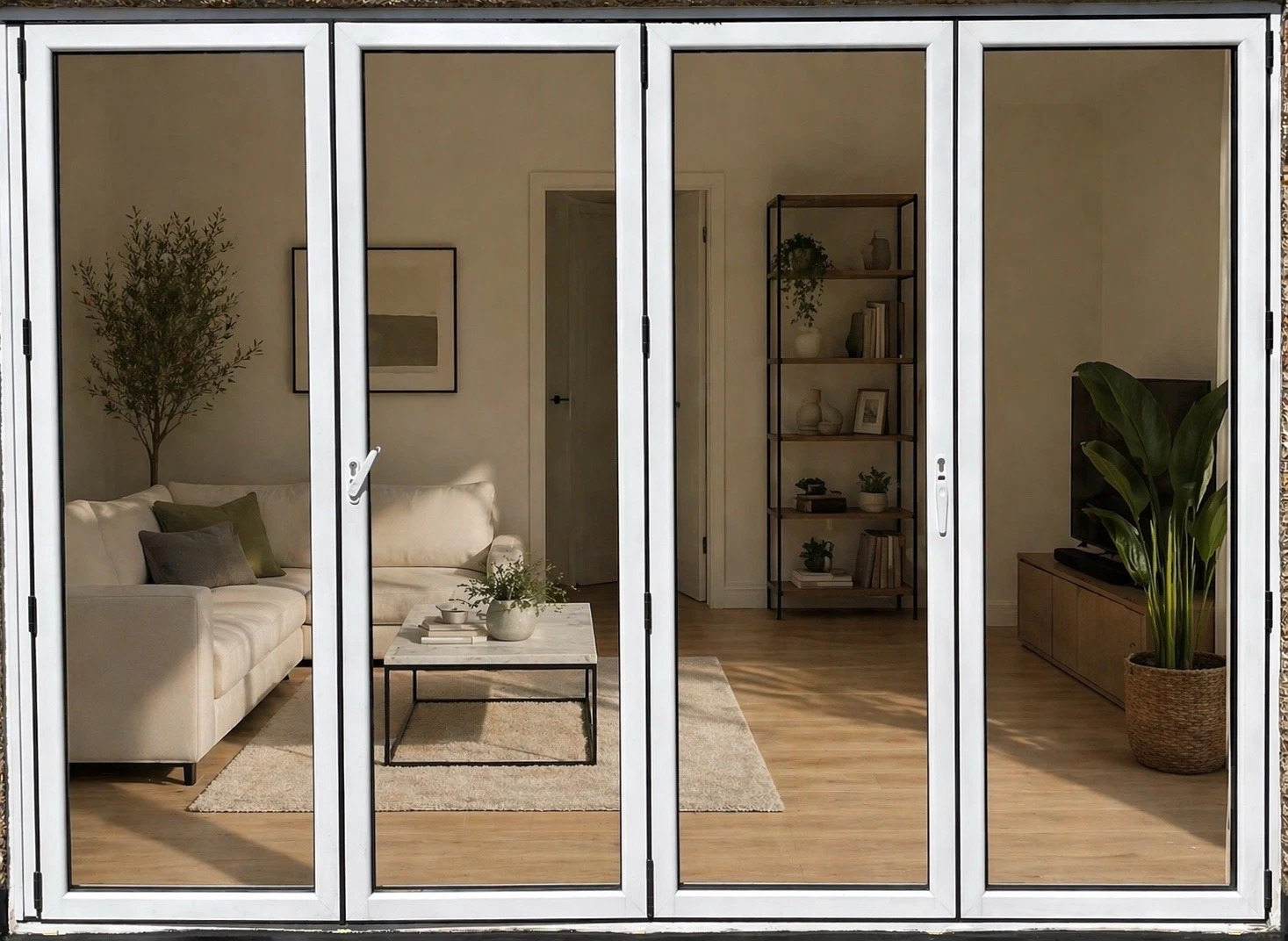 White aluminum bi-folding doors open to a bright living room, enhancing natural light and outdoor views.