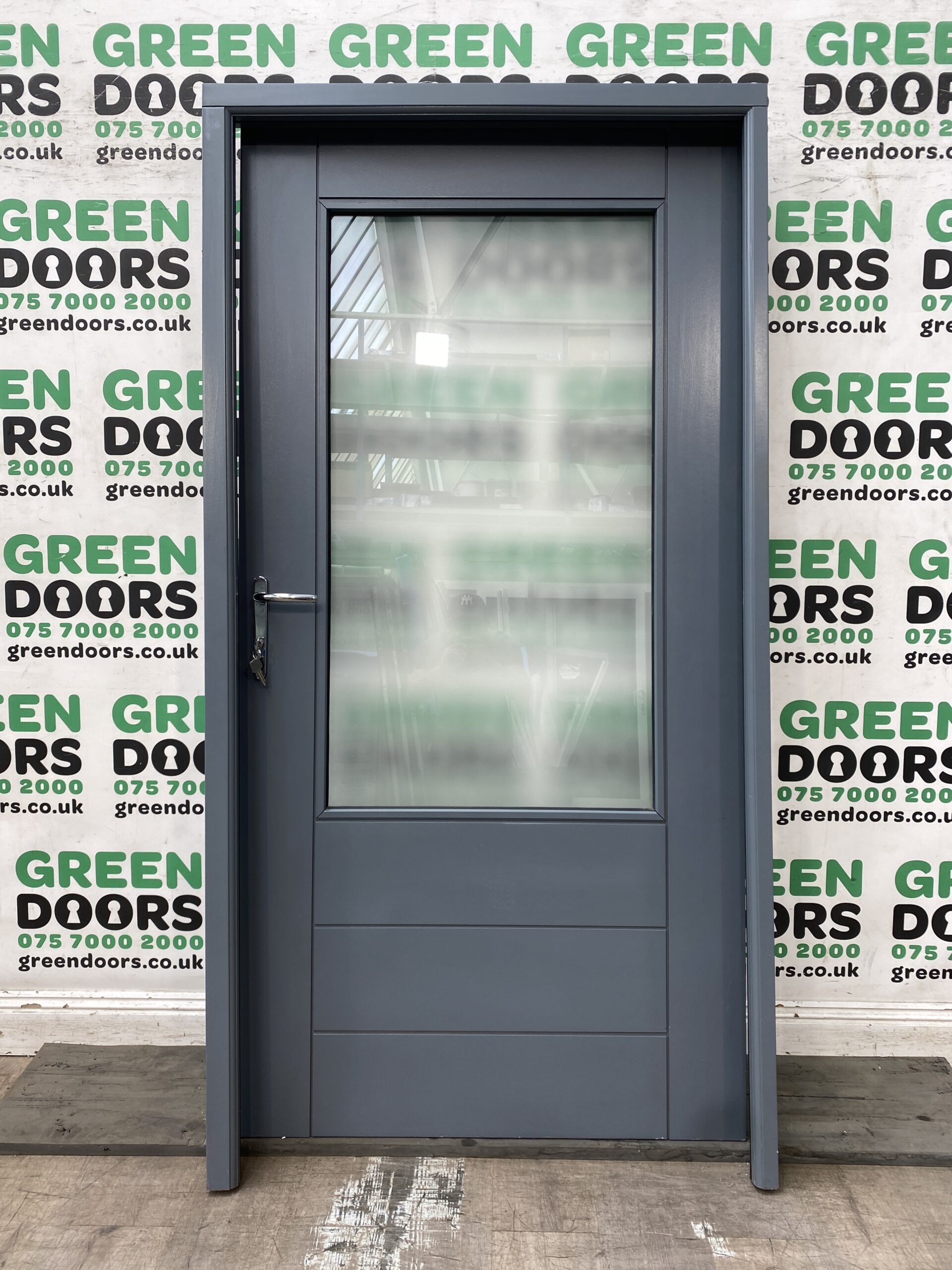 HARDWOOD BACK DOOR HALF PANEL FROSTED GLASS GREY INWARDS GREY EXTERNAL EXTERIOR